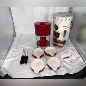 NEW CASAMODA NESTING RED CERAMIC FONDUE SET IN BOX FOR 4 PEOPLE